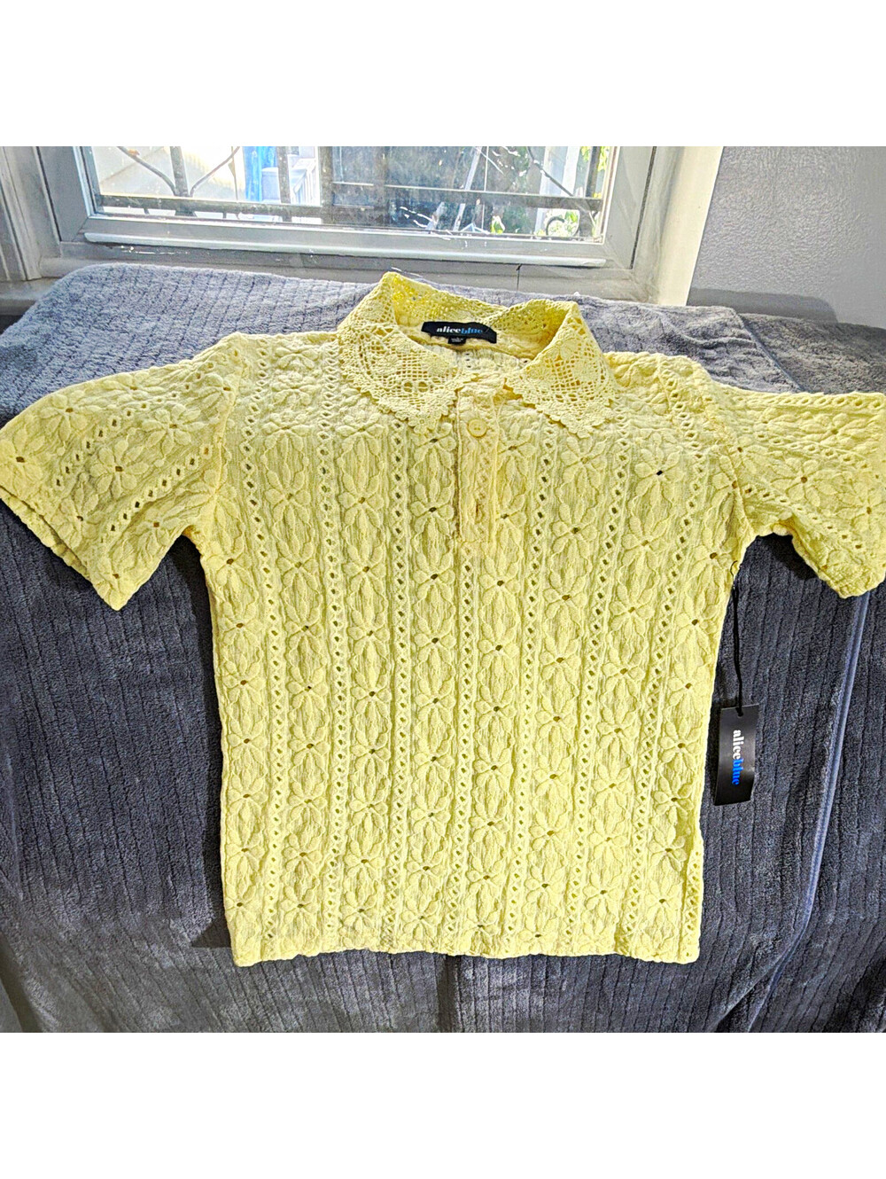 alice blue Yellow Floral Lace Crochet Collared Short Sleeve Polo Top Size L